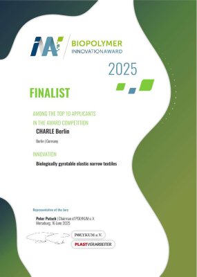! 🎉 CHARLE - Finalist beim Biopolymer Innovations Award 2025 - CHARLE Berlin - Finalist beim Biopolymer Innovation Award: Unsere nachhaltigen, elastischen Bänder aus biobasierten Materialien