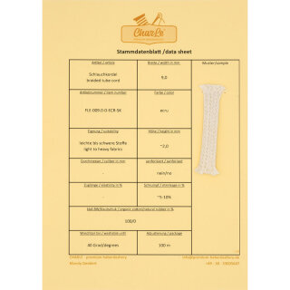 data sheet Organic braided tube cord - 9 mm - inelastic - ecru