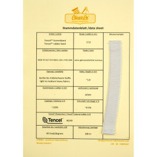 Stammdatenblatt Tencel™ Gummiband - 17 mm - weiß glänzend - leicht - Picot Zinne - sanforisiert